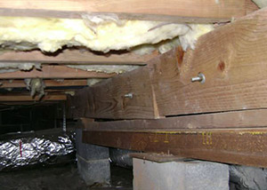 sagging crawl space with wooden shimming a Lakeville crawl space